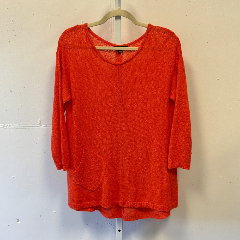 Parkhurst Orange Lightweight Knit Swiss Dot 3/4 Sleeve Sweater Pocket Large Boho